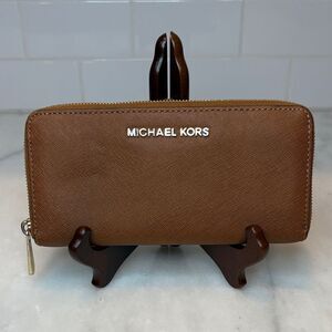 Michael Kors Brown Zip-Around Leather Wallet with Gold Logo